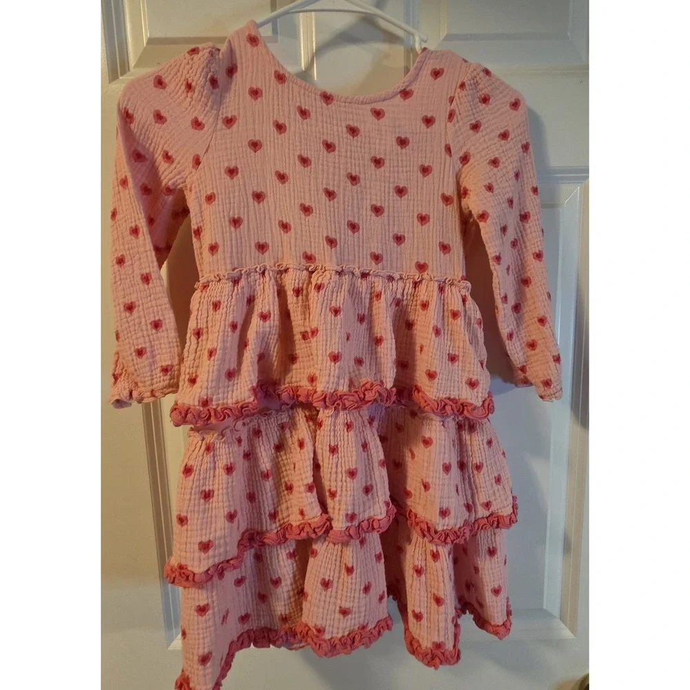 Matilda Jane Girls Size 7 Pink Heart Tiered Ruffle Dress Long Sleeve Cotton